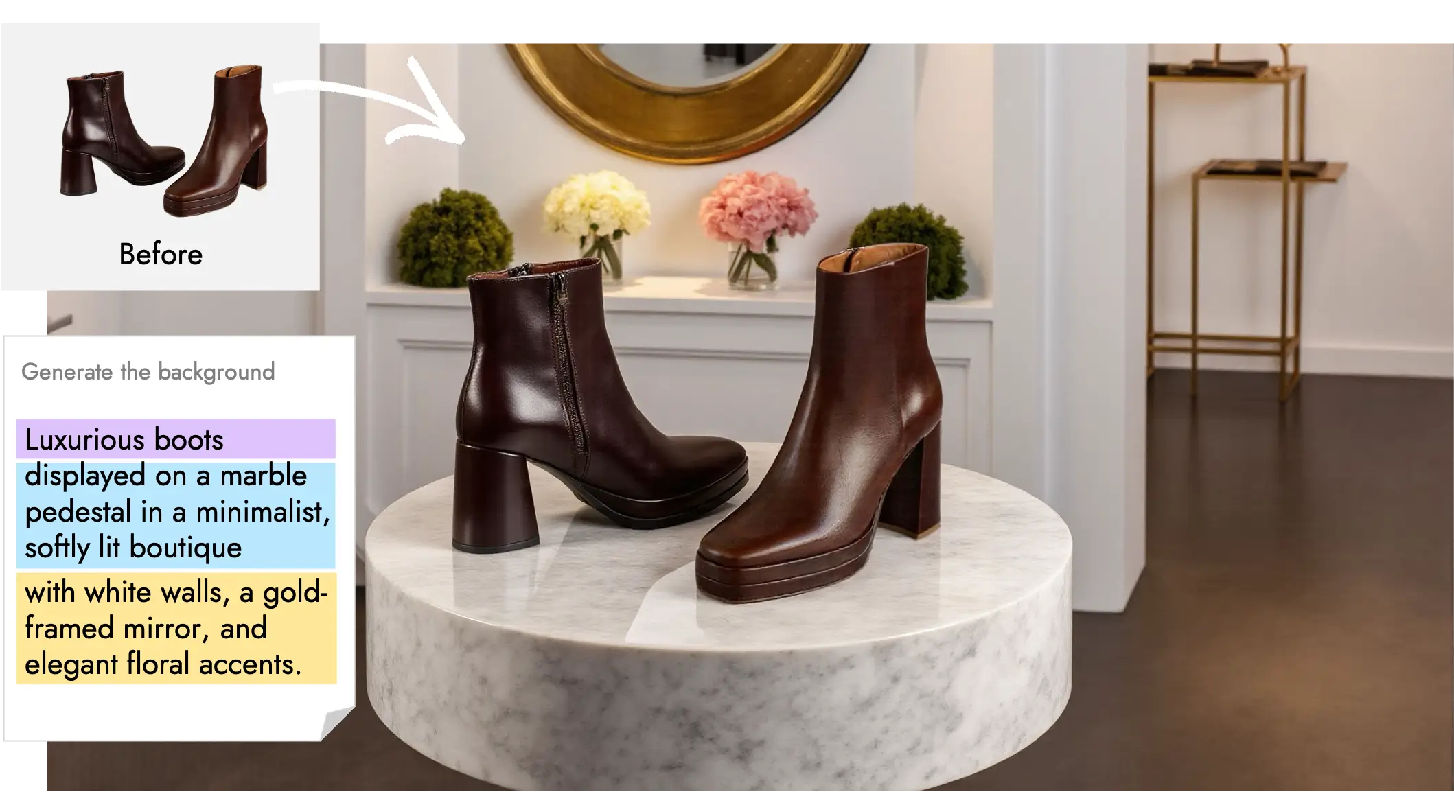 Luxurious dark brown leather ankle boots on a marble pedestal